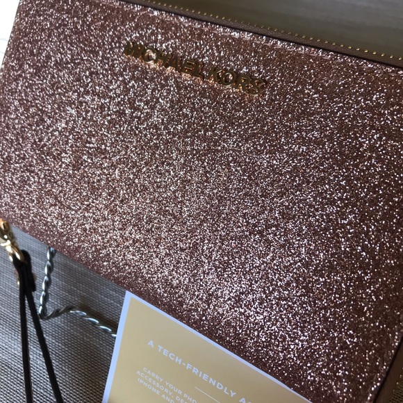 Michael Kors Rose Gold Glitter Phn Case Zip Wallet - Picture 2 of 6